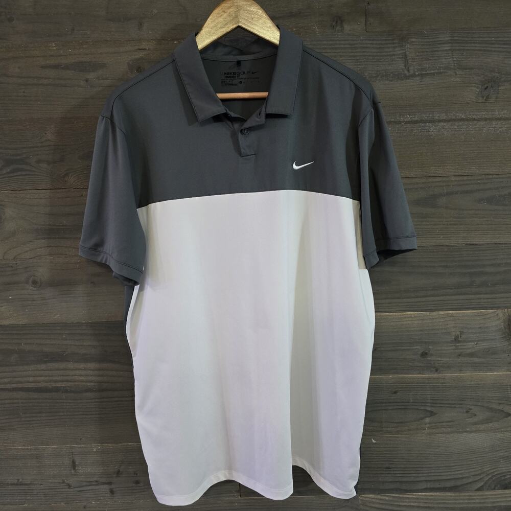 Nike Polo Shirt Mens Large Grey & White Color Block Golf Rugby Dri-Fit